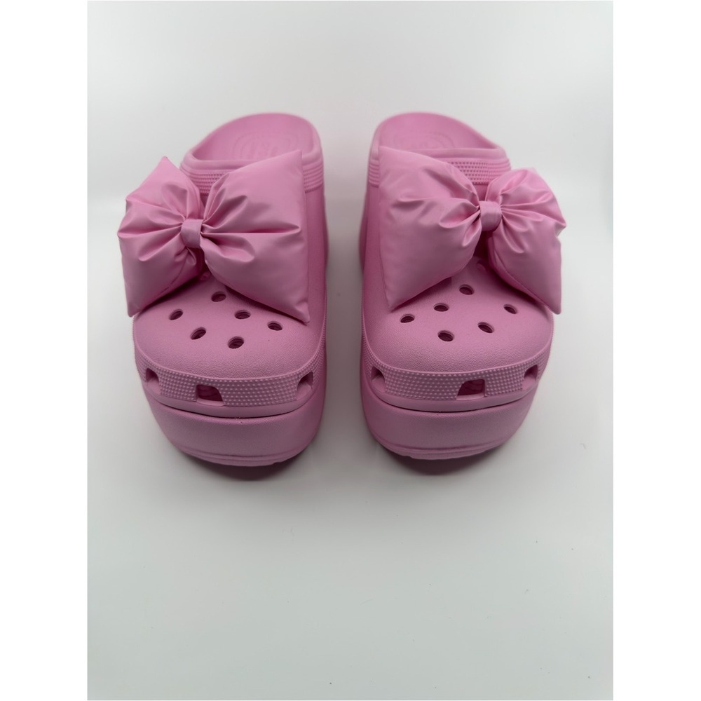 Crocs Siren Clog Women Size 11 Pink Puffy Bow Platform Heel Slip On Shoes - Picture 2 of 12